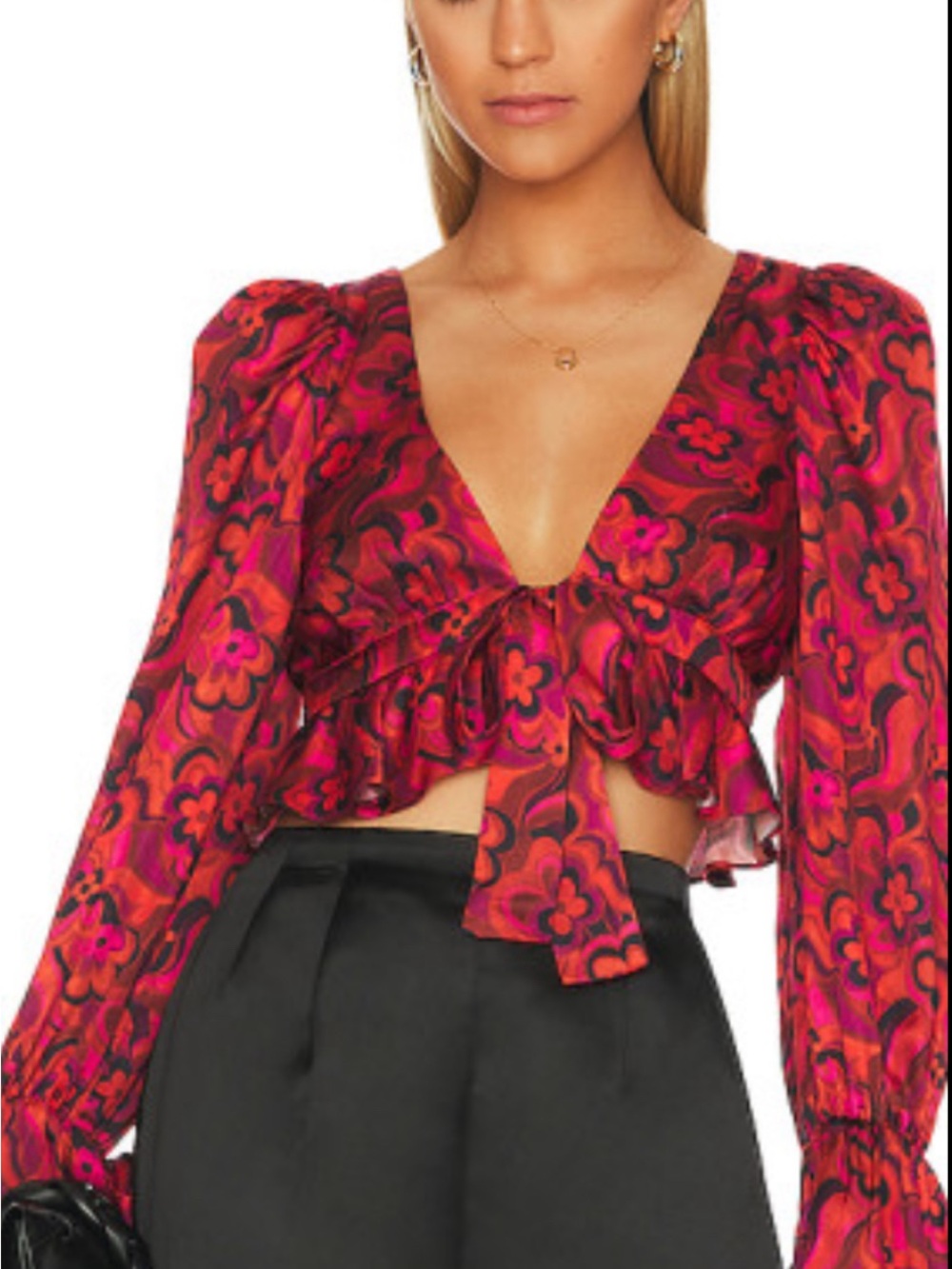 For Love and Lemons Red Floral Tie-Front Women’s Blouse